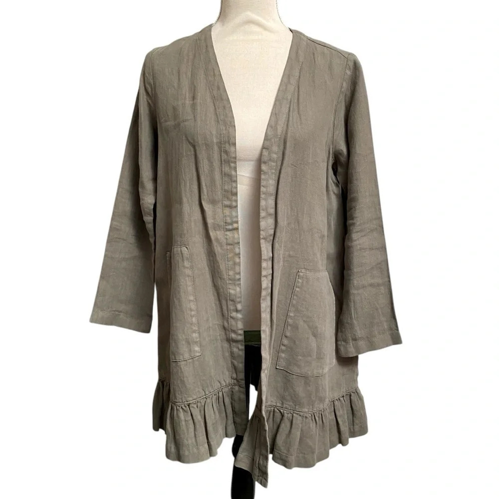 J.Jill Pure Jill Linen Open Front Ruffle Hem Cardigan Olive XS Petite - Picture 2 of 16